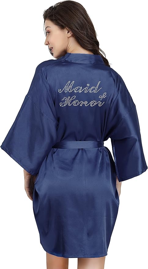 EPLAZA Women's One Size Silver Rhinestones Bride Bridesmaid Short Satin Robes for Wedding Party Getting Ready