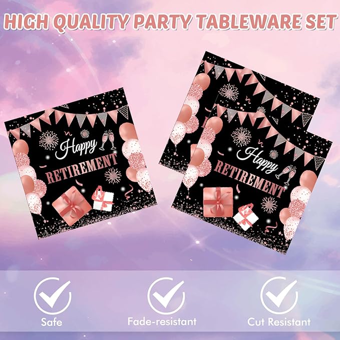 40PCS Happy Retirement Party Decorations Kit for Women Black and Rose Retirement Plates and Napkins Sets Disposable Dinnerware Party Supplies