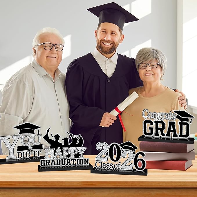 4Pcs Graduation Decorations Class of 2026 Wood Table Centerpieces Congrats Grad Wooden Sign Graduation Table Toppers Congratulate Tiered Tray Decor for 2026 Graduation Party(Black-Silver)