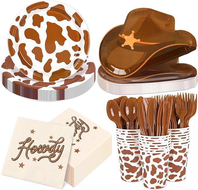 175 Pcs Cowboy Tableware Sets Serves 25 Guests Brown Rodeo Hat Cow Print Plates Napkins Cups Fork Knife Spoon Disposable Dinnerware for Western Birthday Cowgirl Party Supplies