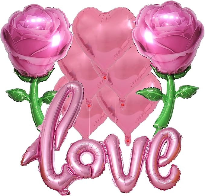 Pink Love Balloons Pink Heart Balloons and Pink Rose Balloons Valentine Balloons Valentine Party Balloons for Valentine Day Decoration Anniversary Party Decorations Theme Supplies Balloo