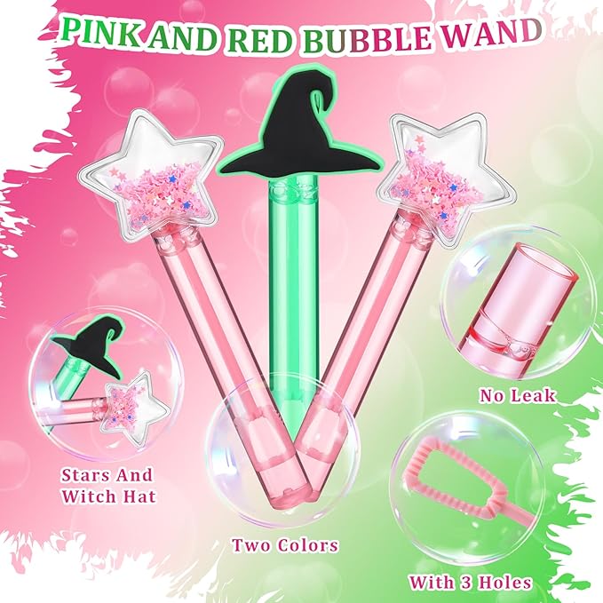 36 Pcs Witch Party Favors Witch Hat and Star Bubble Wands Pink and Green Bubble Wands for Summer Outdoor Goodie Bags Stuffers Carnival Prizes Birthday Treats