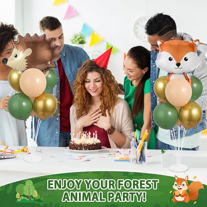 4 Sets Woodland Animals Party Balloons Stand Kit with Hedgehog Raccoon Fox Squirrel Foil Balloons Sage Green Brown Party Balloon Centerpiece for Tables for Forest Safari Jungle Birthday Party Decor