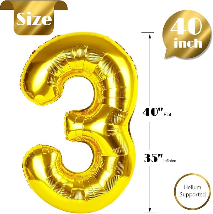 Gold 3 Balloon, Number Balloon 40 Inch, 3rd Three Year Old Birthday Deco, Gold Party Supplies for Party Decorations, Number 3 Balloon