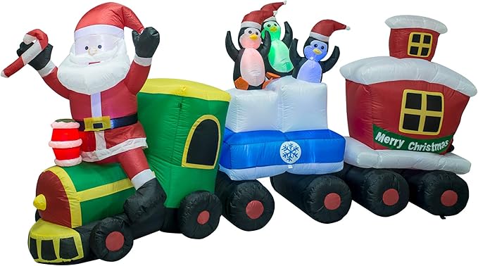 TRMESIA Christmas Inflatable Santa Train Decoration for Outdoor, 8ft Long Santa Claus Penguin Train Blow up Decoration with Flashing Lights Christmas Indoor Outdoor Yard Holiday Display Party Decor