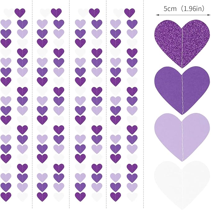Purple Party Decoration Heart-Garland - 52Ft Purple Lavender White Streamers Birthday Banner Baby Bridal Shower Wedding Engagement Bachelorette Graduation Decorations Lasting Surprise