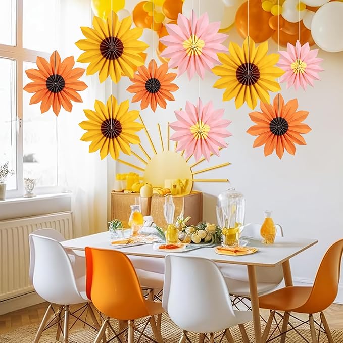 Orange Yellow Paper Fan, Pink, Orange and Yellow Paper Flowers for Sunflower Party Decorations, Paper Flowers Decorations for Wall, Sunflower Birthday Decor, Baby Shower, Classroom Decor
