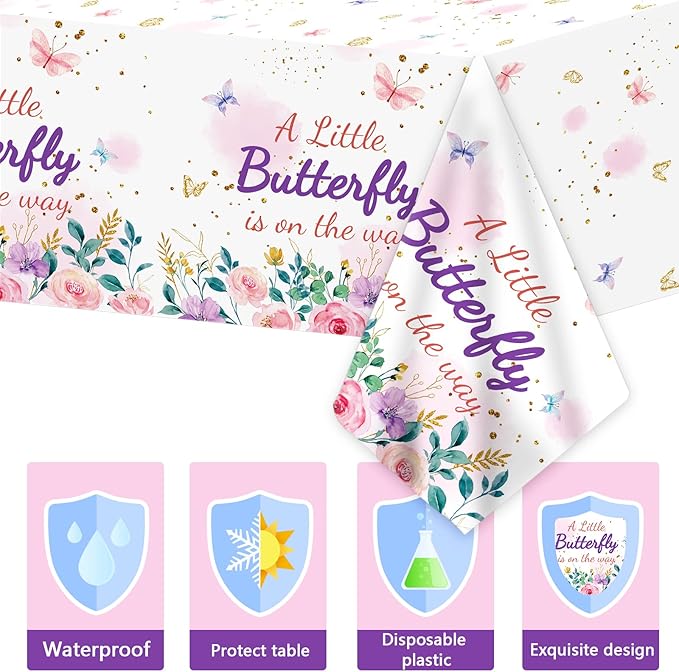 OBUSATT 3Pcs Butterfly Baby Shower Tablecloth Supplies - A Little Butterfly is On The Way Baby Girl Party Disposable Plastic Table Cover Pink Floral Princess Girl Party Decoration
