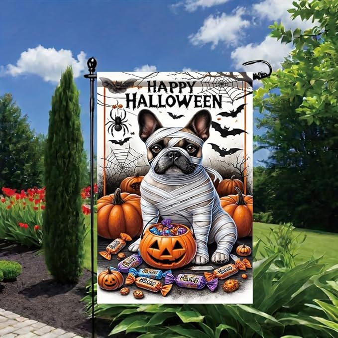 Halloween Garden Flag Mummy Dog Pumpkin Candy 12x18 inch Double Sided OutdoorYard Banner for Trick or Treat Haunted House Spooky Small Cute Holiday Decoration Decor