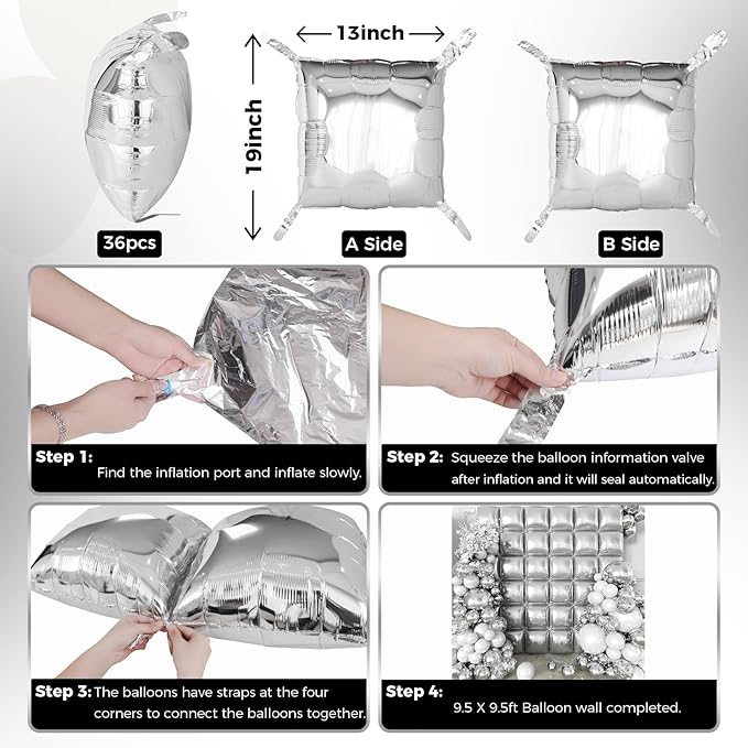 36pcs Silver Square Foil Balloons Wall Backdrop with 144pcs Balloon Garland Arch Kit, Double Sided Balloons for Bachelorette Baby Shower Birthday Anniversary Graduation Prom Party Decorations
