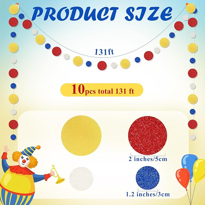 Outus 10 Pieces Colorful Dots Paper Garland Easter Decor Round Glitter Hanging Confetti Streamers Backdrop for Spring Birthday Classroom Halloween Trunk or Treat Car Decoration (Red,Blue,Yellow)