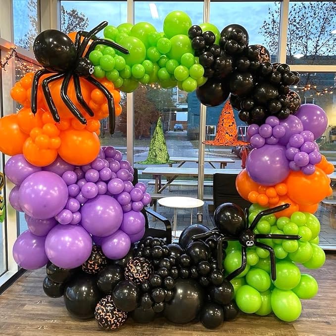 Halloween Balloon Arch Garland Kit, Purple and Black Balloons with 3D Bat Stickers, Big DIY Spider Balloon, Ghost Skull Foil Balloons Green Orange Balloon for Halloween Party Decorations Supplies