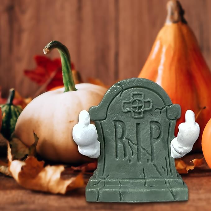 Halloween Graveyard Tombstone Statue Middle Finger Figurines Cute Mini Halloween Desk Ornaments Decor Spooky Sculpture for Home Office Decor Holiday Party Decorations