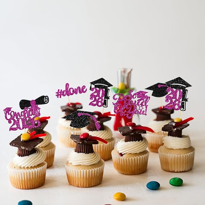 Gyufise 24Pcs Graduation Cupcake Toppers 2026 Purple Glitter Class of 2026 Cupcake Toppers So Proud of You Congrats Grad Cap Diploma Cupcake Picks for Graduation Party Decorations