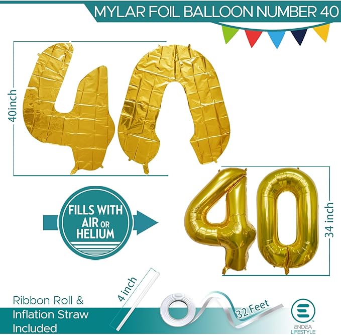 40 Inch Large Gold Number Celebration and Decoration Balloon for Birthday Parties, Graduations, Anniversaries, Weddings, Photo Shoots, Special Events - Helium Foil Mylar (Gold Number 40)