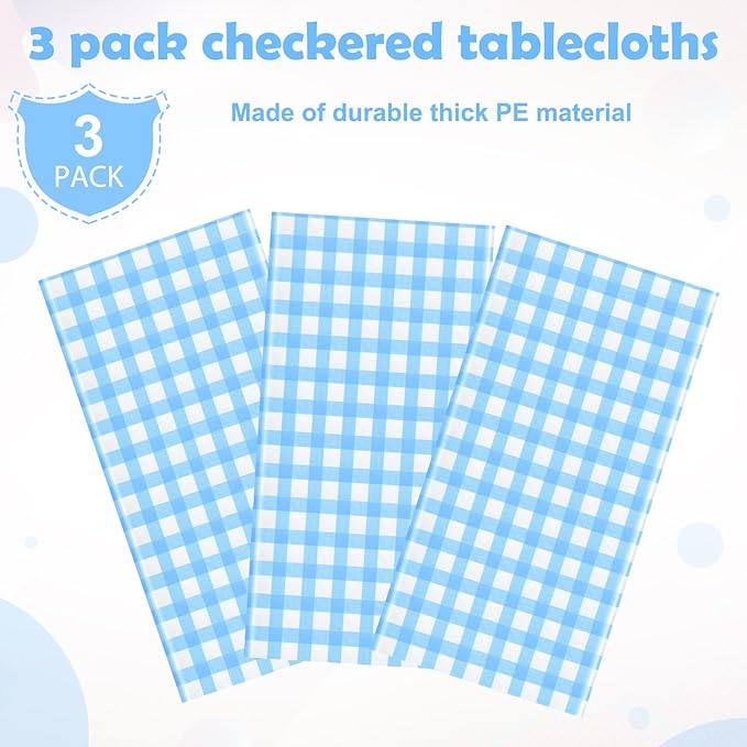 3pcs 54X108inch Light Blue Checkered Tablecloth,Blue Gingham Tablecloths Buffalo Plaid Disposable Plastic Table Covers for Birthday Baby Shower Bridal Wedding Party Birthday Decorations