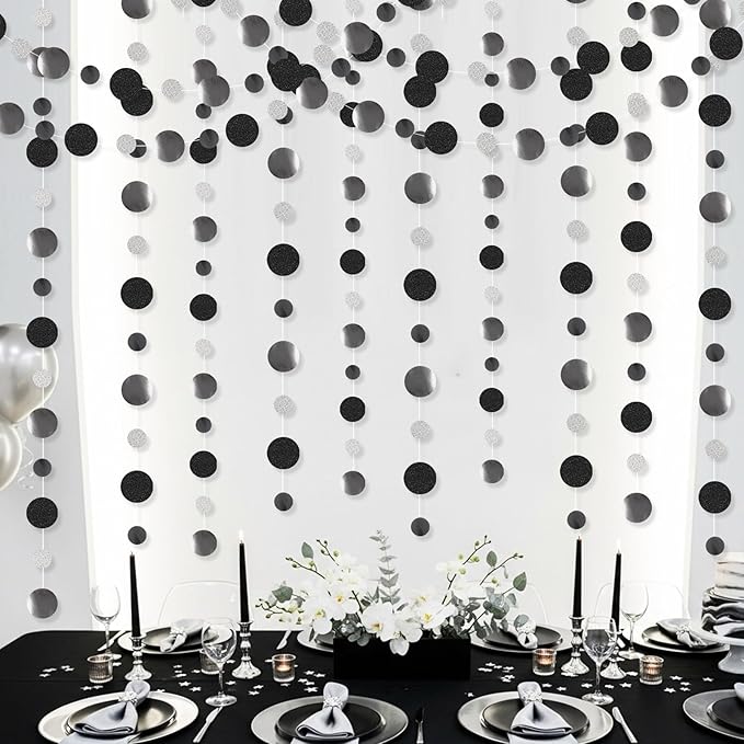 Outus 10 Pieces Black,Silver Round Dots Garland Easter Graduation Party Hanging Decor Each Length 13.1ft Glitter Paper Dot Streamers for Birthday Wedding Classroom