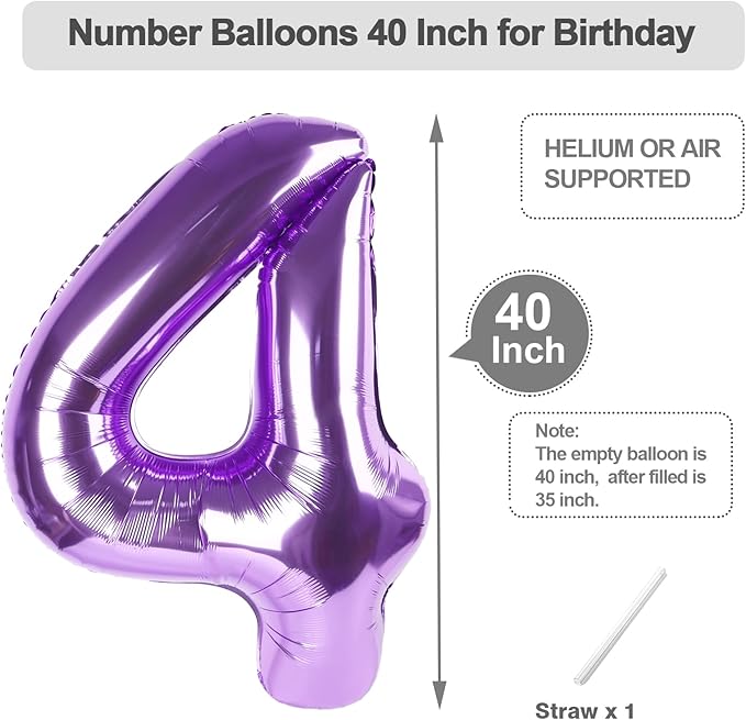 Balloons Numbers 40 Inch Big 4 Balloons for Birthday Party Decoration, Purple Number 4 Ballon for 4, 14, 24, 45 Celebration, Birthday, Christmas, Anniversary Decor