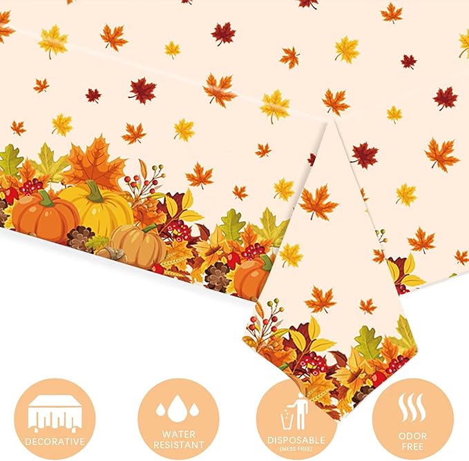 3 Pieces Thanksgiving Disposable Tablecloth, 54 x 108 Inch Rectangle Waterproof Plastic Fall Thanksgiving Theme Tablecloth for Harvest Party Table Decoration