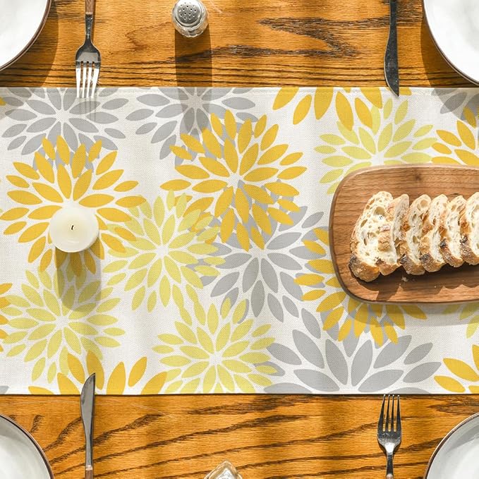 Artoid Mode Yellow Dahlia Floral Pinnata Summer Table Runner, Seasonal Spring Holiday Kitchen Dining Table Decoration for Home Party Decor 13x90 Inch
