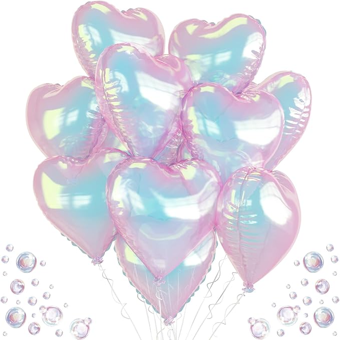 Iridescent Heart Balloons, 9PCS 18Inch Transparent Laser Heart Foil Balloon Large Gradient Crystal Iridescent Colorful Balloon for Birthday Wedding Easter Rainbow Mermaid Fantasy Theme Party Decor