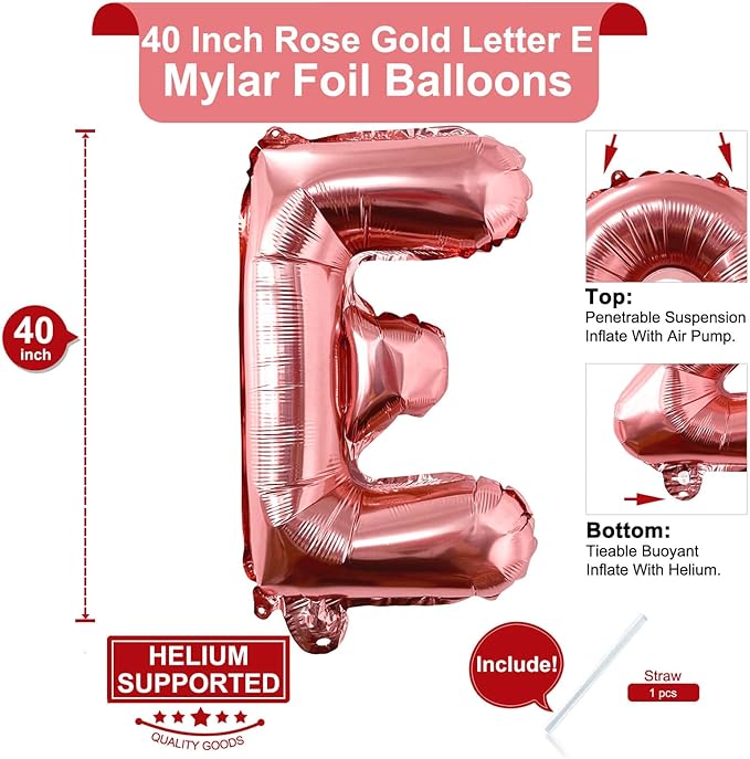 Lovoir 40 Inch Large Rose Gold Letter E Balloons Big Size Jumbo Mylar Foil Helium Balloon for Birthday Party Celebration Decorations Alphabet Rose Gold E