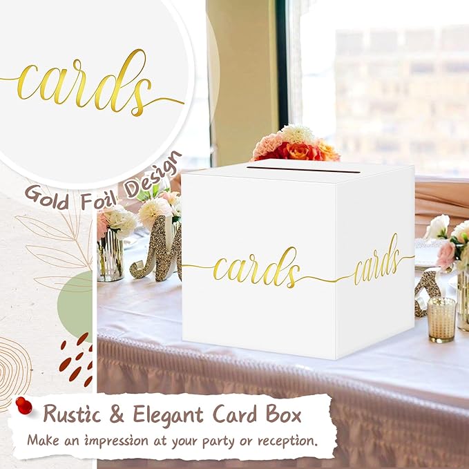 QIKSION White Wedding Card Box, Gold Foil Gift Card Box for Party, Wedding Reception, Birthday, Graduation Decorations, Baby & Bridal Shower, Anniversary, Retirement