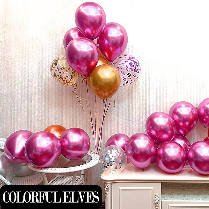 12 Inch 100 Pcs Metallic Chrome Hot Pink Balloons Shiny Thicken Latex Balloon Party Decoration (Hot Pink)