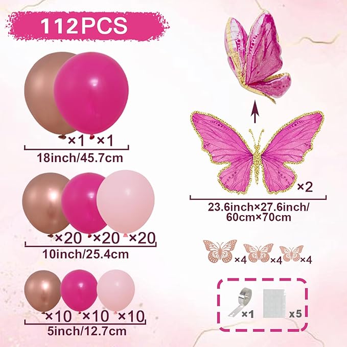 Pink Butterfly Balloon Arch Garland Kit 112pcs Pastel Pink Rose Gold Balloons with 2pcs Butterfly Foil Balloons for Birthday Party Decorations Baby Shower Decorations for Girls
