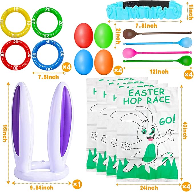 19 Pack Easter Outdoor Party Games for Kid Family, School Carnival Game 4 Bunny Potato Sack Race Bag, Egg and Spoon Relay Race, 2 3-Legged Band, 1 Ear Ring Toss Game (4 Score Rings) Easter Eggs Hunt