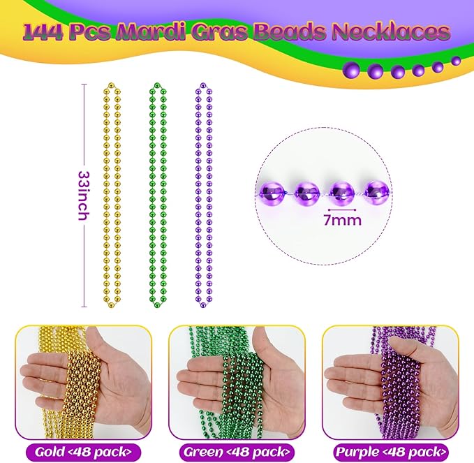 SHAOQINLIN 144 PCS Mardi Gras Beads Necklaces, 33'' Metallic Gold Green Purple Bead Necklace Mardi Gras Accessories Throw Beads in Bulk for Mardi Gras, Christmas, Party Favors