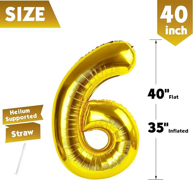 40 Inch Gold Number 6 Balloon, Giant 6 Number Balloons for 6th Birthday Decorations, Party Supplies for Baby Boy Girl, Gold Party Decor