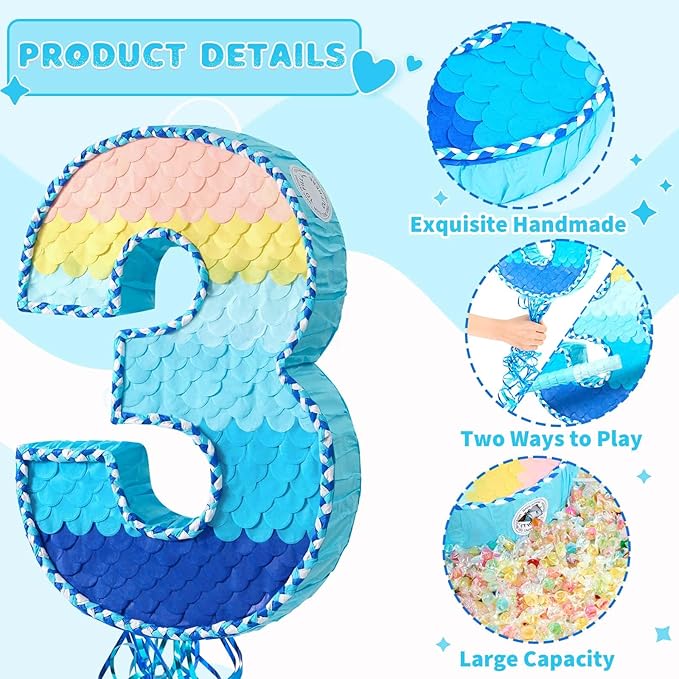 WERNNSAI Number 3 Piñata - Ombre Blue Three Piñata Birthday Party Game with Stick Blindfold for Kids Boys Girls 3rd Birthday Party Decorations（16.3" x 11.2" x 3")
