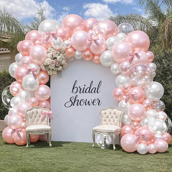 Light Pink White Balloon Arch-Double Stuffed Pastel Baby Pink White Pearl Balloons with Bow Clear Balloon Arch Kit for Birthday Baby Shower Bridal Wedding Mother's Day Party Decorations