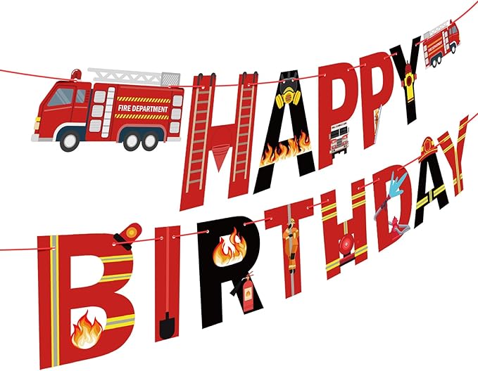 Fire Truck Happy Birthday Banner Sign, Fire Engine Rescue Birthday Bunting Banner Flag Garland for Kids Boys Fire Truck Party Carnival Party Decorations Supplies