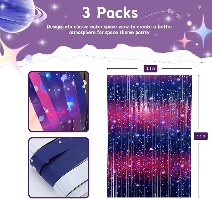 3 PCS Purple Galaxy Foil Curtains Backdrop for Space Themed Party Decorations, 3.3 x 6.6 ft Pink Tinsel Curtains, Foil Fringe for Photo Booth, Outer Space Birthday or Party