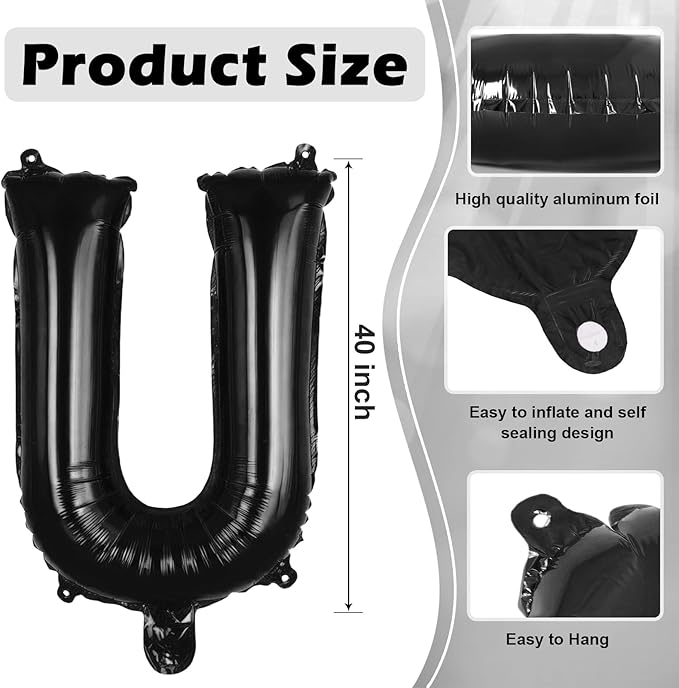 Black Letter U Balloons, 40 Inch Large Foil Letter Balloons, Custom Phrase Balloon for Birthday Party Wedding Anniversary Decoration (Black U)