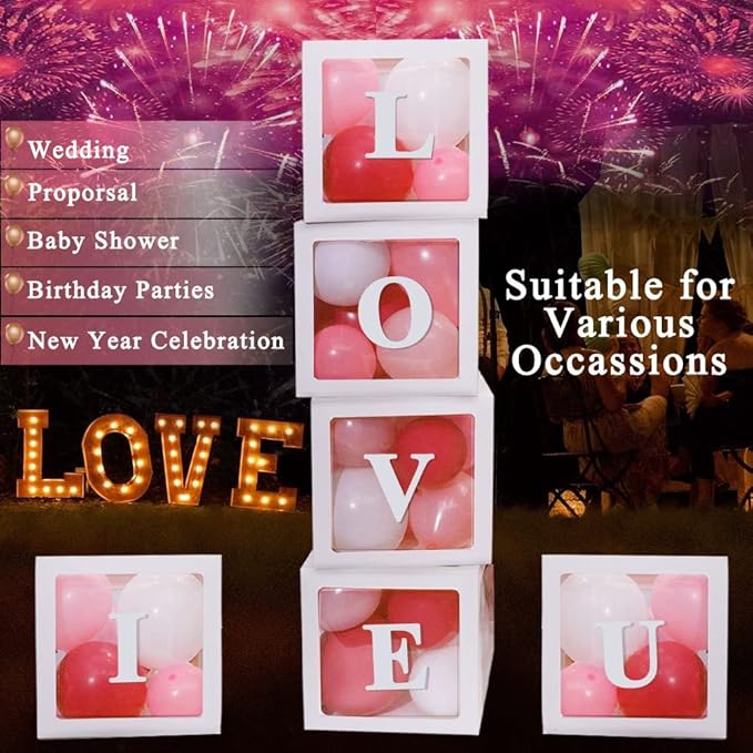 White Transparent Balloon Boxes With 78 Letters, Name Boxes for Baby Shower, Clear Baby Box Blocks Backdrop for 1st Birthday, Bridal Shower, 2026 Graduation Prom Party, Gender Reveal Decoration, 6 PCS