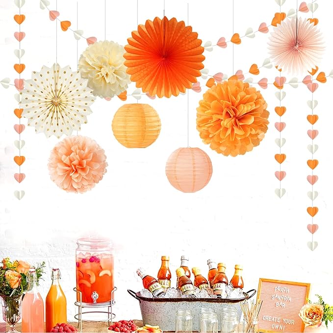 Beige-Orange Peach Fall Party-Decorations Heart-Garland - 39Ft Autumn Thanksgiving Birthday Boho Hanging Paper Streamers Banner,Birthday Bachelorette Baby Bridal Shower Engagement Decor Ouruola