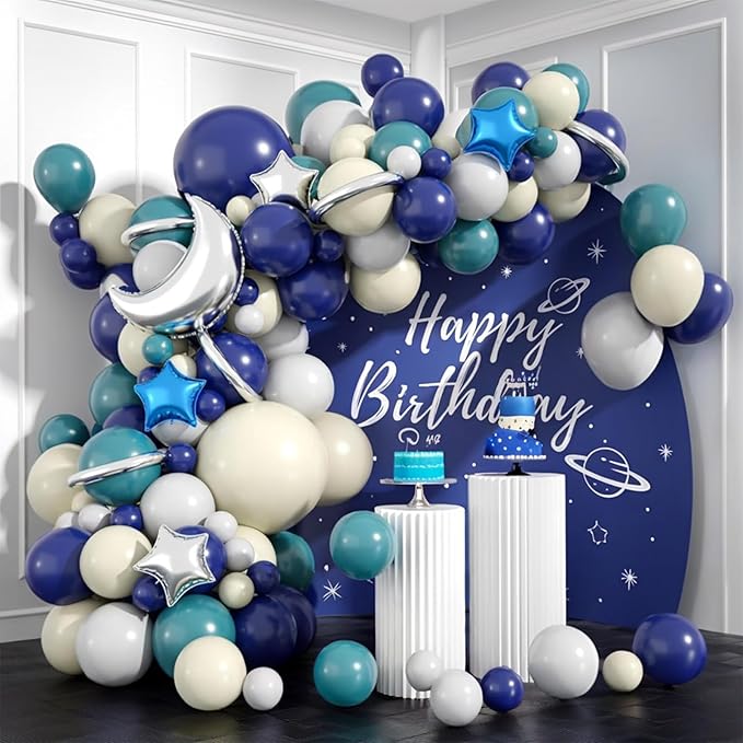 Outer Space Balloon Arch Kit, Navy Blue And White Grey Sea Blue Moon Star Foil Balloon for Boy Space Birthday Astronaut UFO Theme Graduation Party Galactic Celebration Baby Shower Decorations