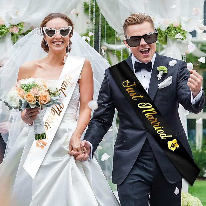 Just Married Bride and Groom Sunglasses and Sash for Just Married Wedding Party Decorations