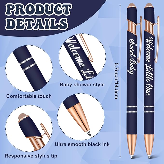 Jspupifip 50 Pcs Baby Shower Pens with Stylus Tip Metal Retractable Ballpoint Pens It's a Boy or Girl Black Ink Pens Bulk for Baby Shower Games Favors Decor Office School Writing Supply(Dark Blue)