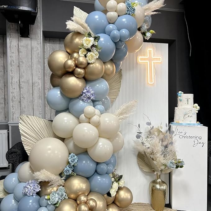 Dusty Blue and Gold Party Balloons, 50pcs 12 Inch Dusty Blue Balloons Sand White Champagne Gold Latex Balloon for Adult Party Anniversary Wedding Bridel Party Decorations