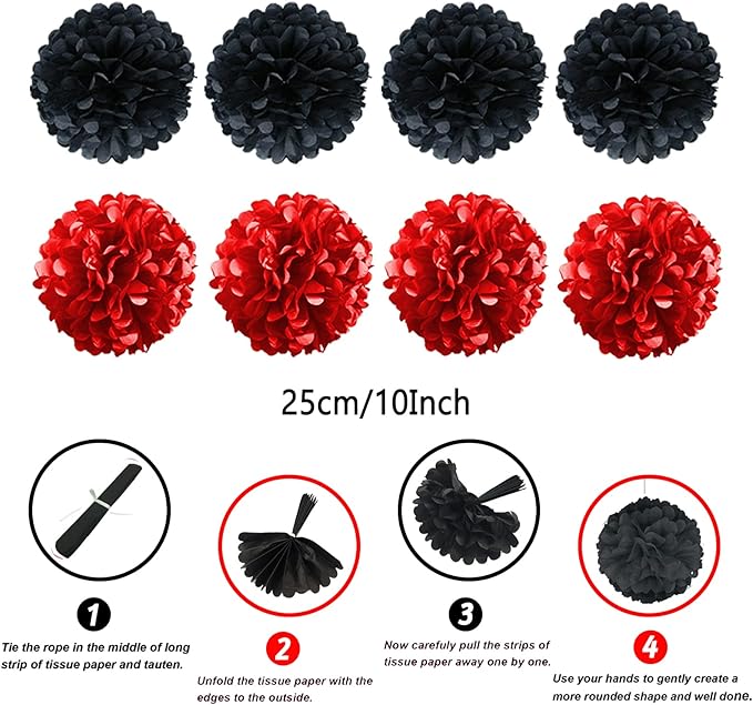 ZERODECO Party Decorations, 41 Pcs Black and Red Papar Fans Pompoms Garlands String Tissue Paper Tassel for Graduation Bridal Baby Shower Wedding Boy Girl Birthday Party