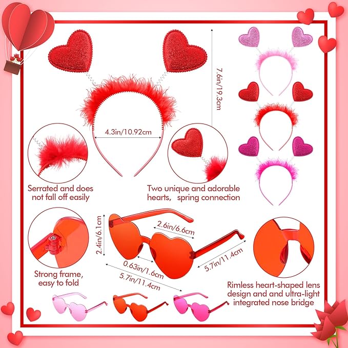 48 Pcs Red Love Heart Bopper Glitter Headbands and Heart Sunglasses, Wedding Party Pink Eyeglasses for Decor