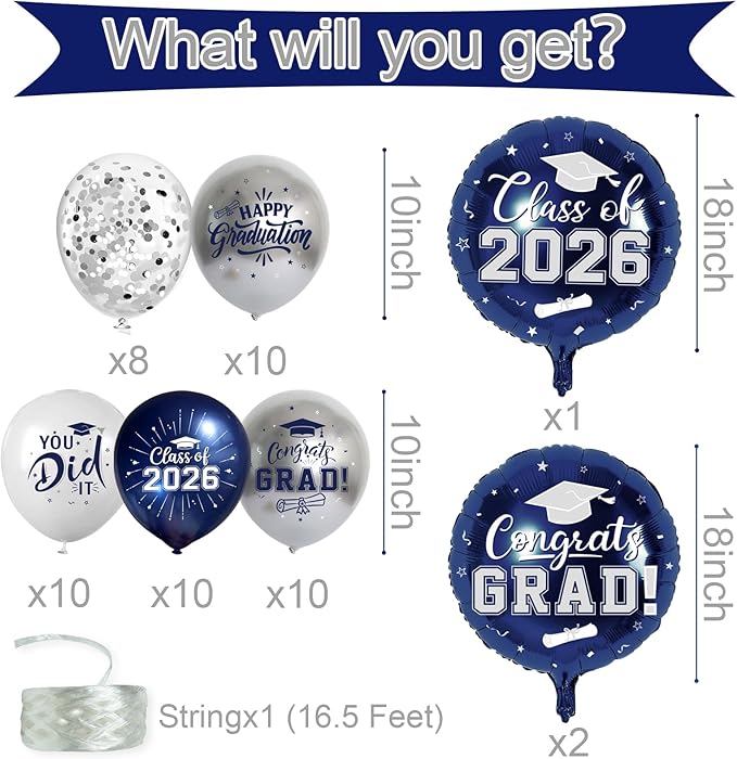 Navy Blue and Silver Graduation Balloons Graduation Decorations 2026, 51Pcs Grad Latex Balloons and Grad Foil Balloon with Confetti Ribbons Grad Party Decorations for College High School