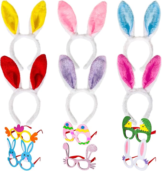 MGparty 12PCS Easter Headbands and Glasses Frame Set Easter Bunny Ears Rabbit Chick Eggs Party Favor Decorations Supplies Photo Booth for Kids and Adults