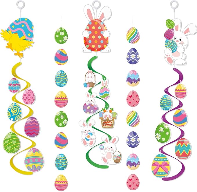 AhfuLife Easter Hanging Swirls Decorations, 3 Pcs Easter Paper Bunny Chick Eggs Decor and 2 Pcs Eggs Garland for Gifts Home Office School Party Favors Supplies