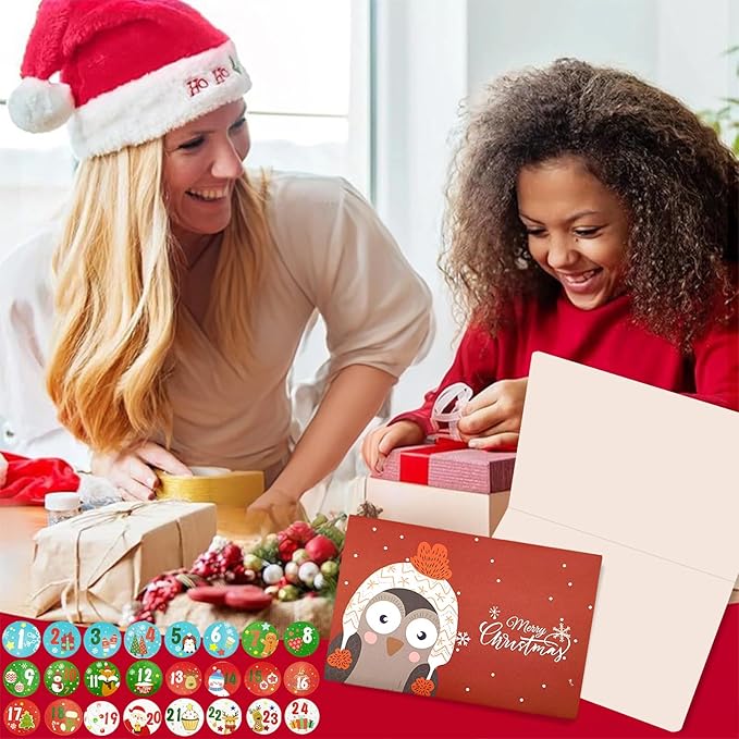 12 Pcs Christmas card with Envelopes & 24 Pcs Sticker,Cartoon animals categories holiday cuteness multiple loose cards with envelopes and written blessing messages,can be given to friends, family, children, boys and girls(dongwu)