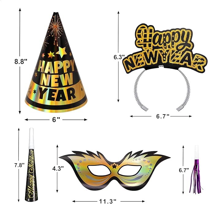 Fancy Land New Years Eve Party Supplies for 25 Guests 2026 75 Pcs NYE Party Supplies Gold Silver NYE Hats Glitter Tiaras Decorations Noise Makers Paper Masks Favors Kits